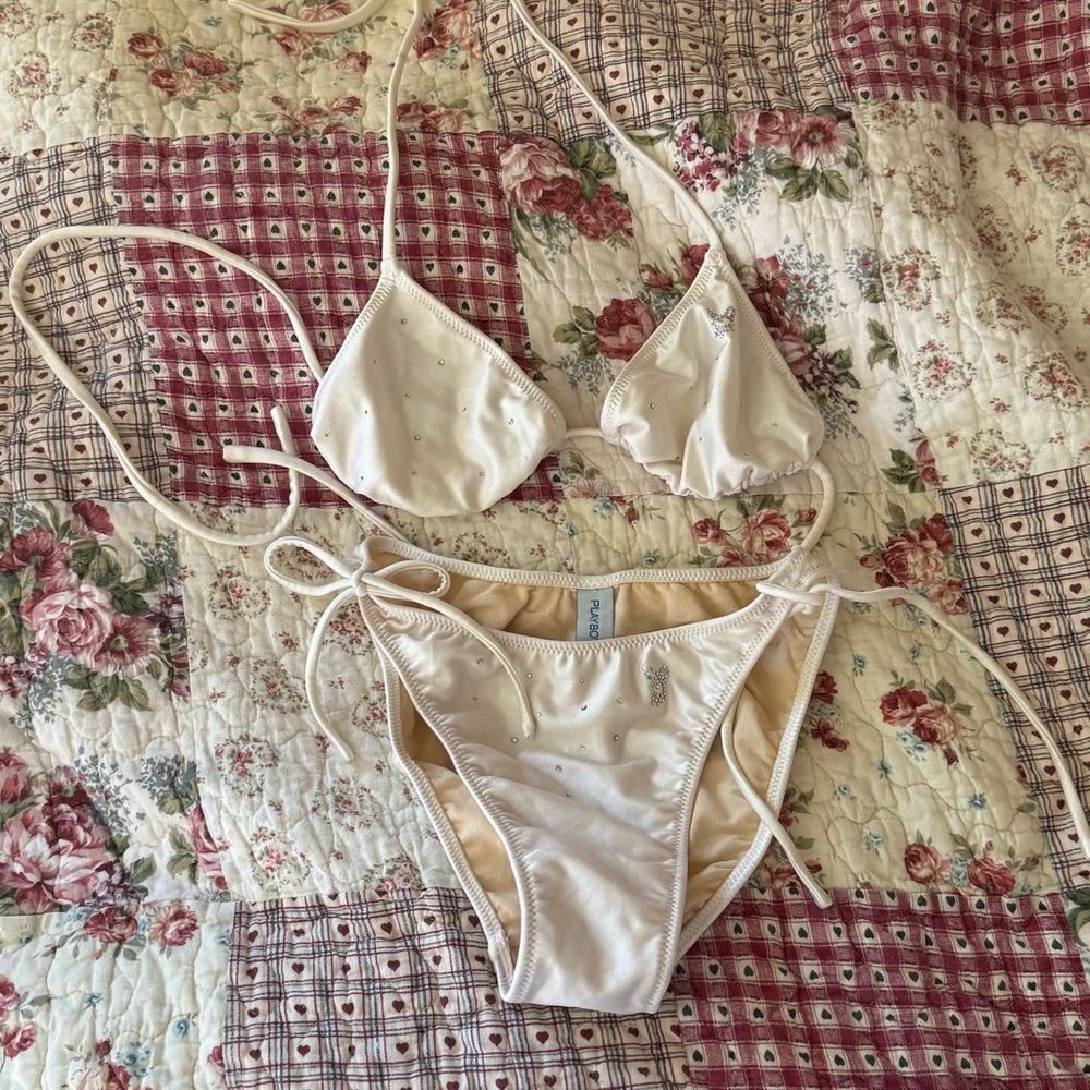 vintage playboy white bikini set w diamanté details